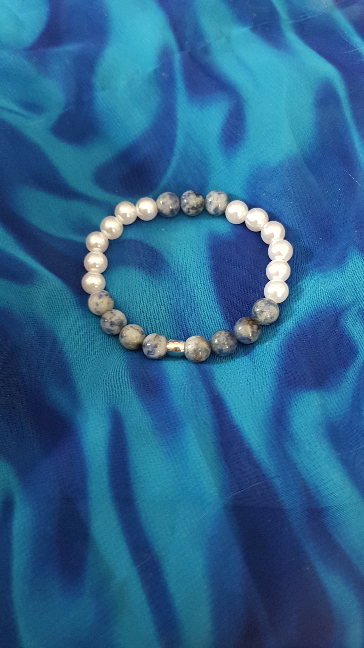 Handmade Natural Blue Dot Sodalite Stone & White Glass Pearl Beaded Bracelet | Unisex | Gift Idea