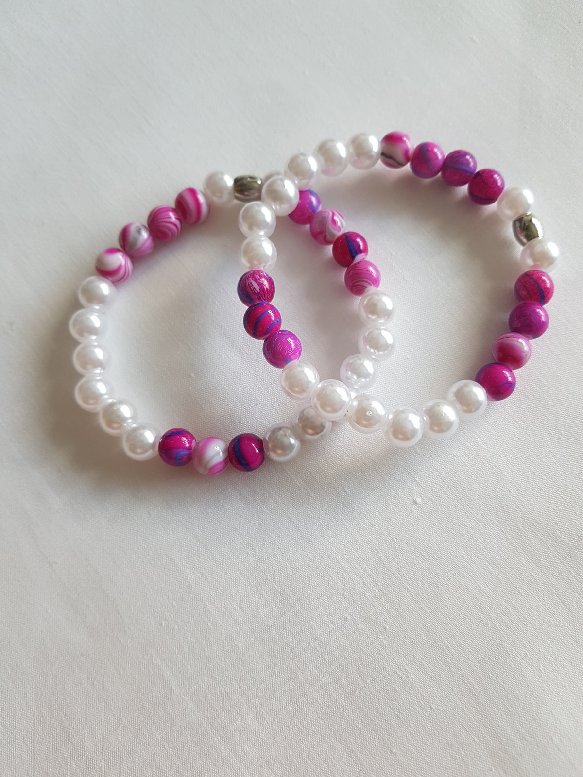 Handmade Pink & White Speckled Acrylic Beaded Bracelet | Stretch Fit | Gift for Her